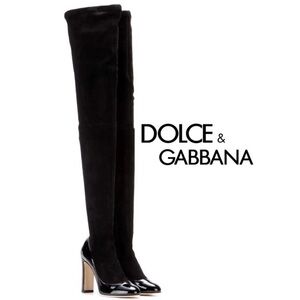 DOLCE & GABBANA Round Toe Pump Insert Over The Knee Suede Sock Boots Black Sz 36